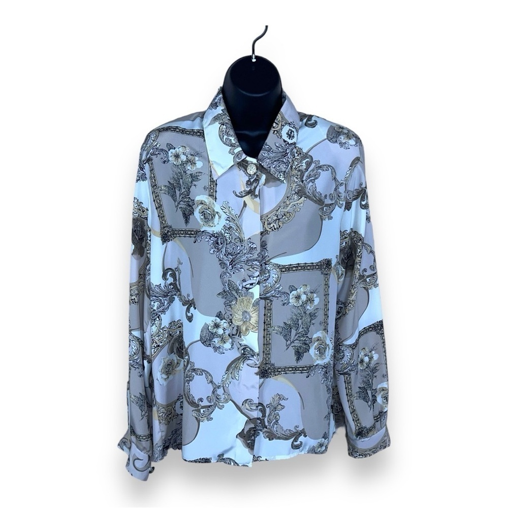 SIZE 12 VINTAGE CRICKET LANE LONG SLEEVE BLOUSE BEIGE JACQUARD FLORAL FILIGREE